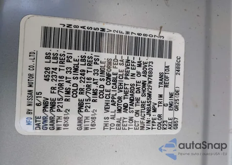 2015 Nissan Rogue Select S z USA, uszkodzony, nr VIN JN8AS5MV2FW768073